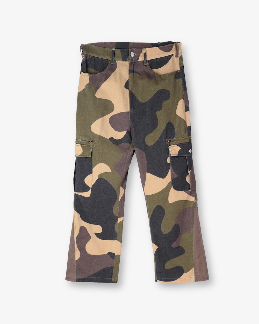 washed camo flared cargo