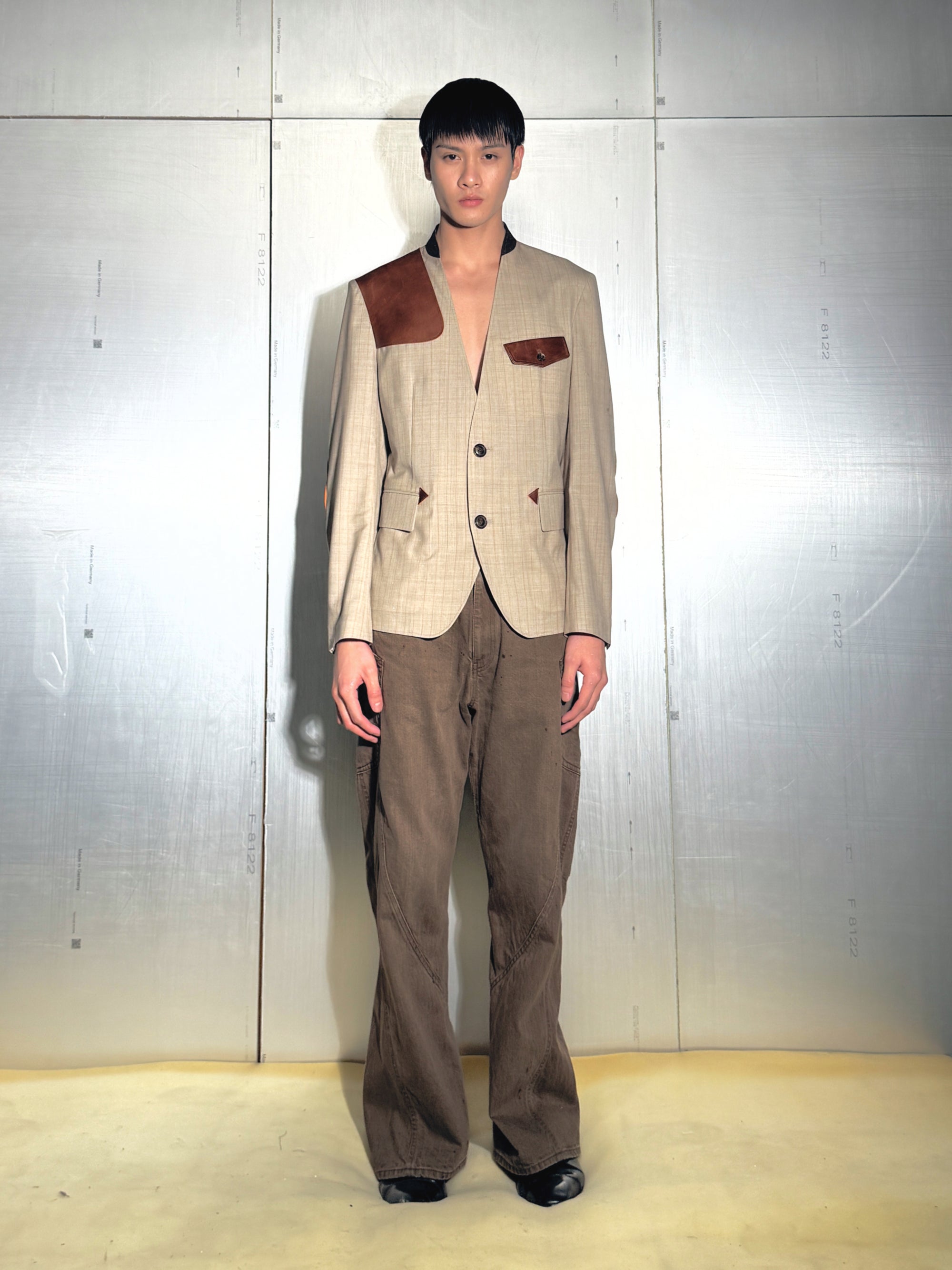 Leather-Patch No-Collar Jacket