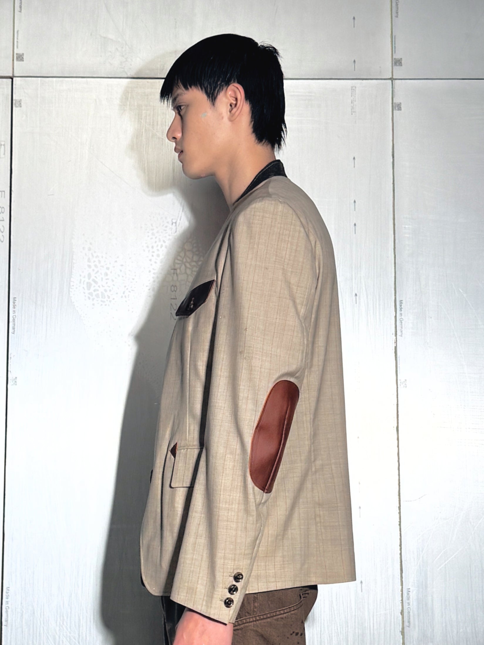 Leather-Patch No-Collar Jacket