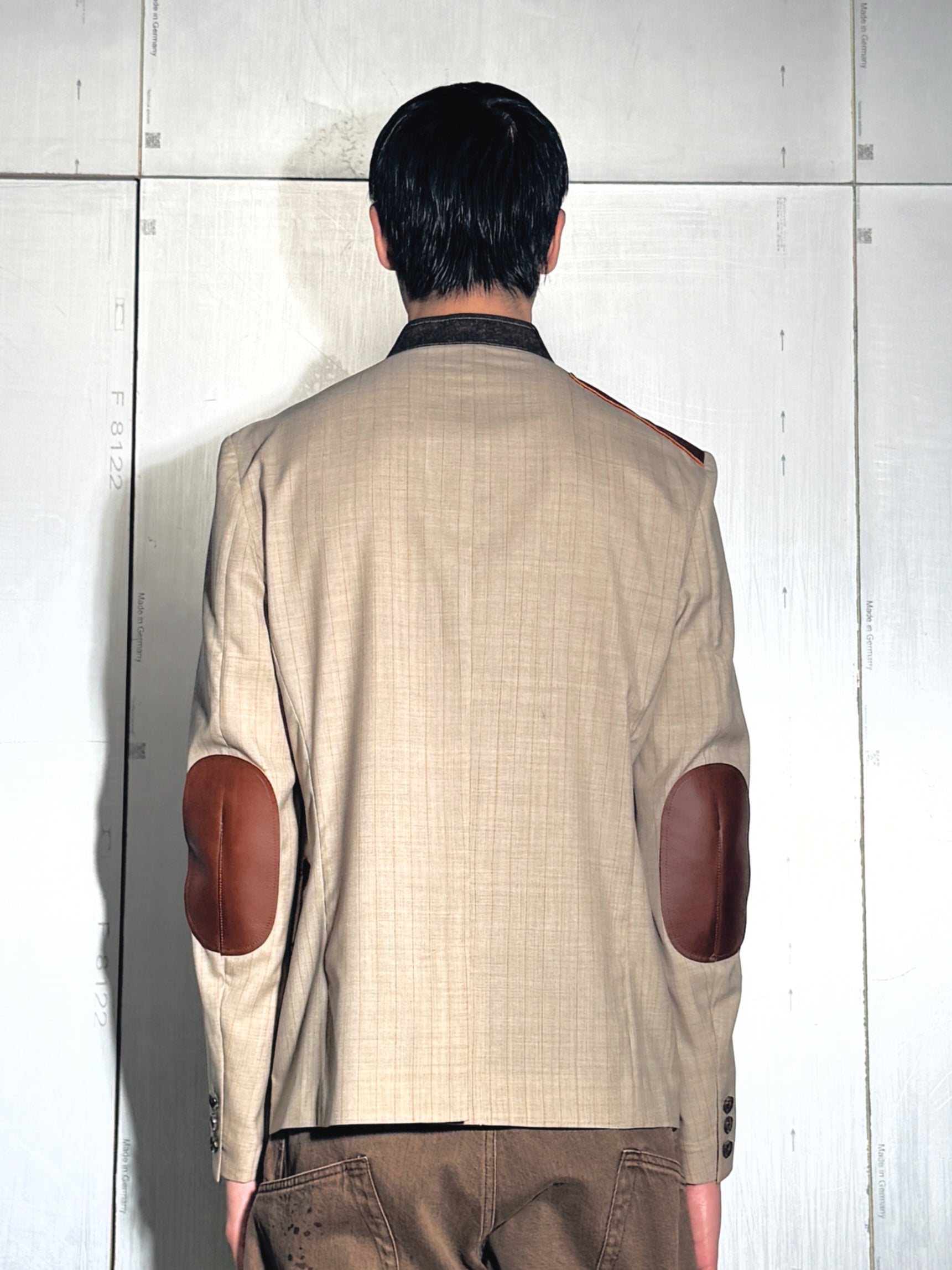 Leather-Patch No-Collar Jacket