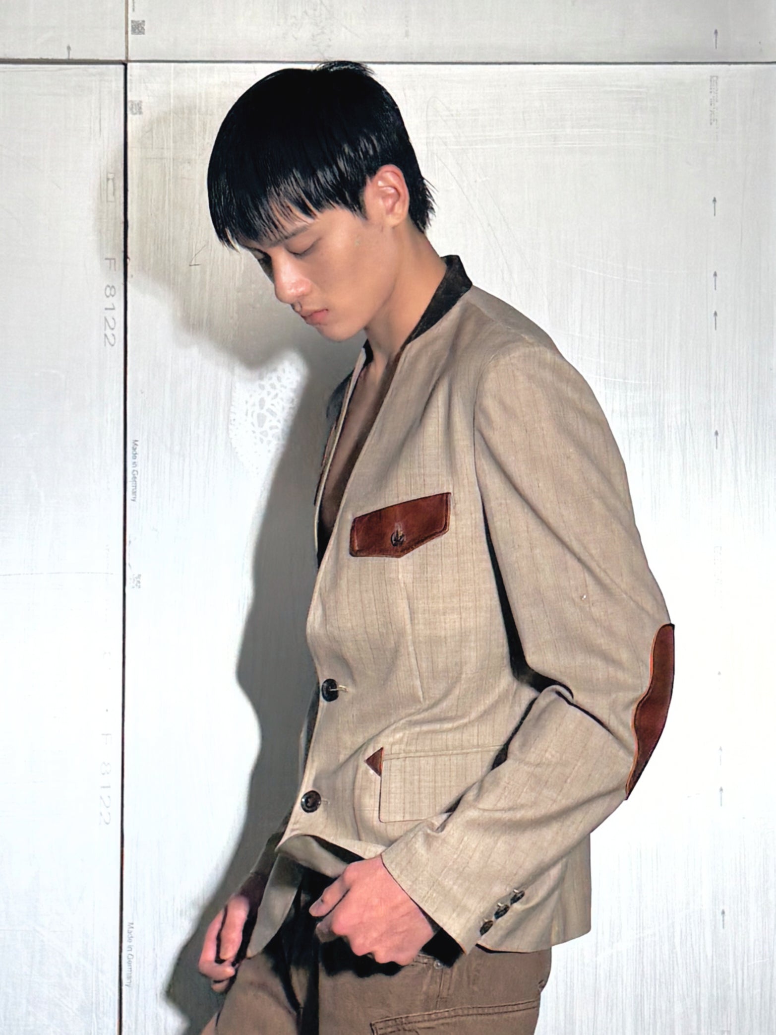 Leather-Patch No-Collar Jacket