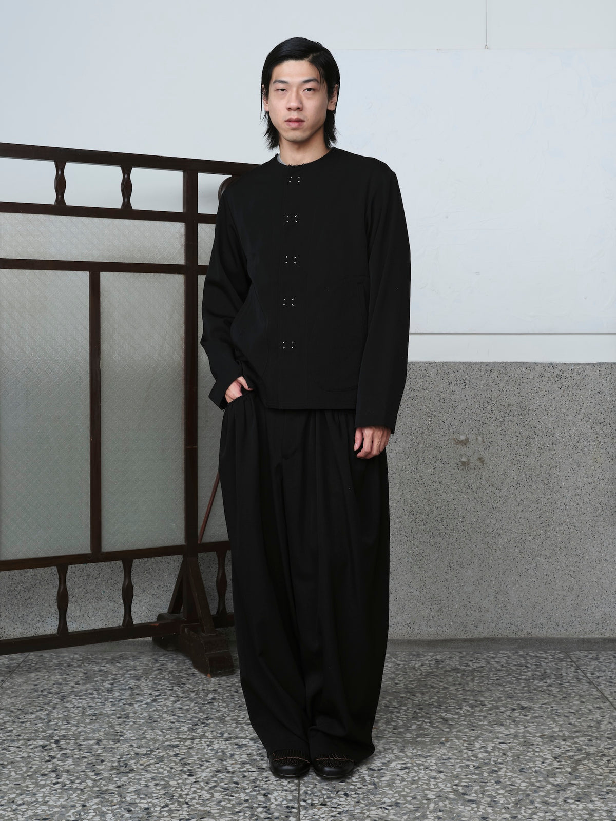 No-Collar Wool Gabardine Jacket