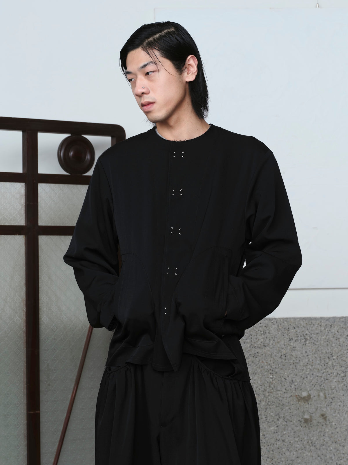 No-Collar Wool Gabardine Jacket