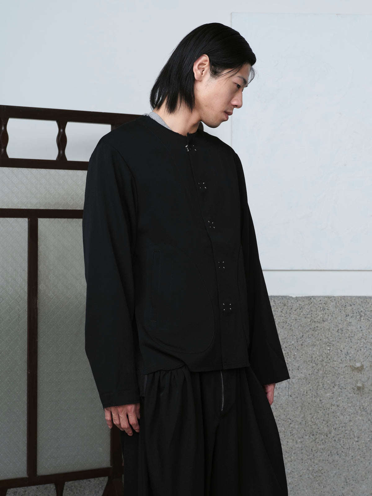 No-Collar Wool Gabardine Jacket