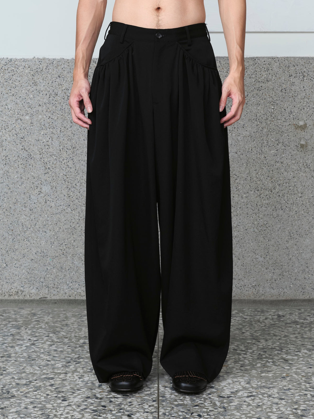 Gather-Detail Wool Gabardine Pants
