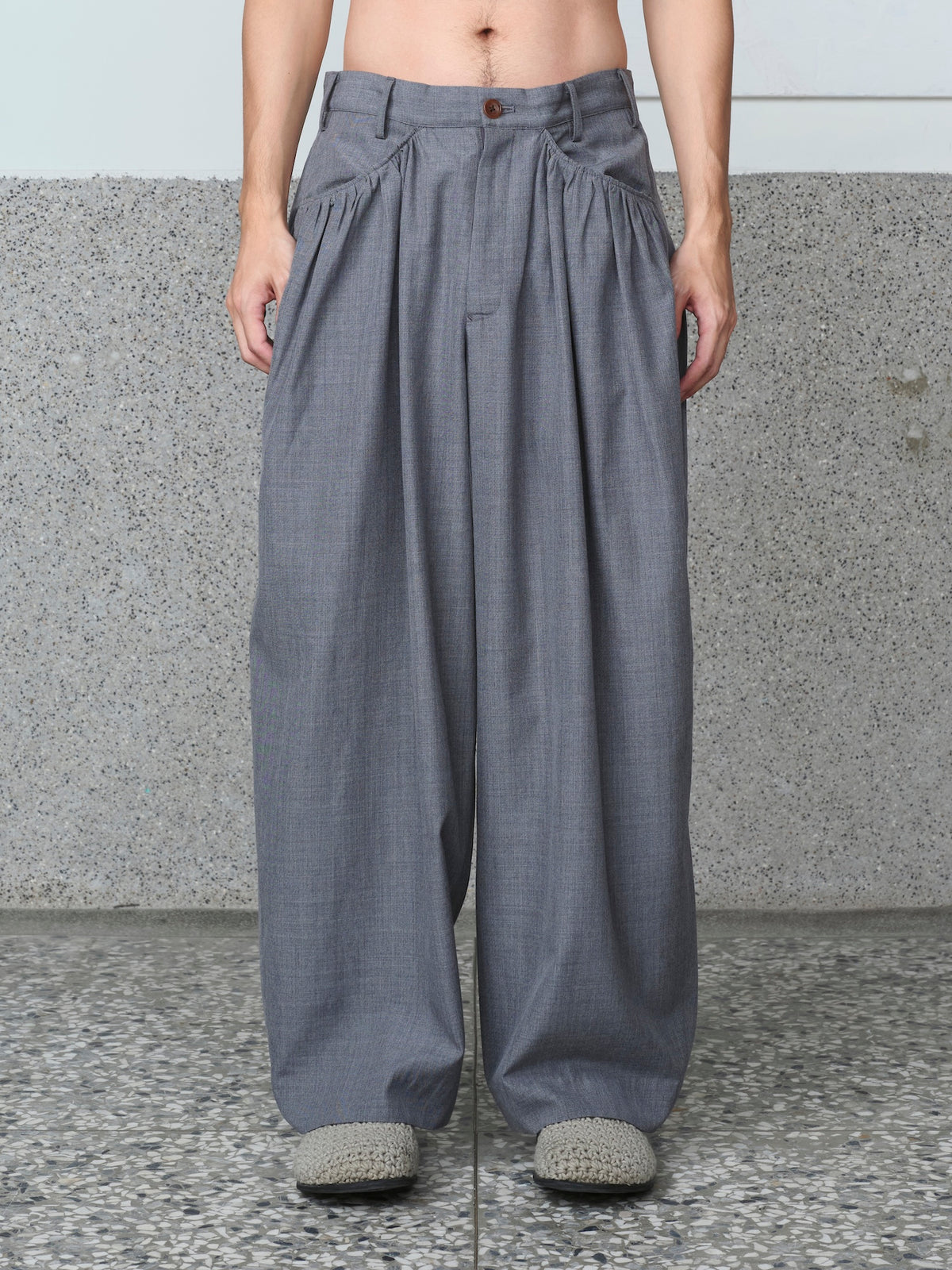 Gather-Detail Wool Gabardine Pants