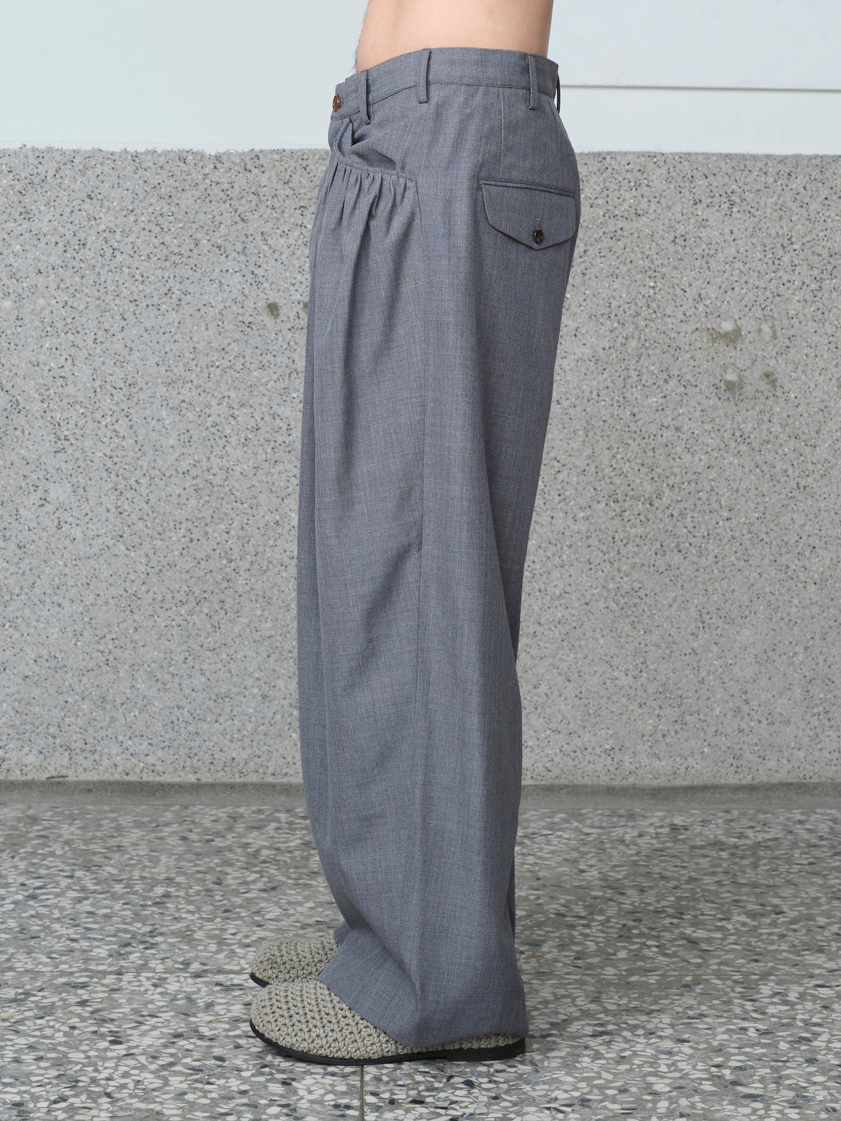 Gather-Detail Wool Gabardine Pants