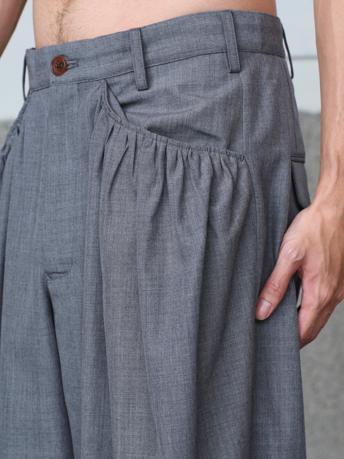 Gather-Detail Wool Gabardine Pants