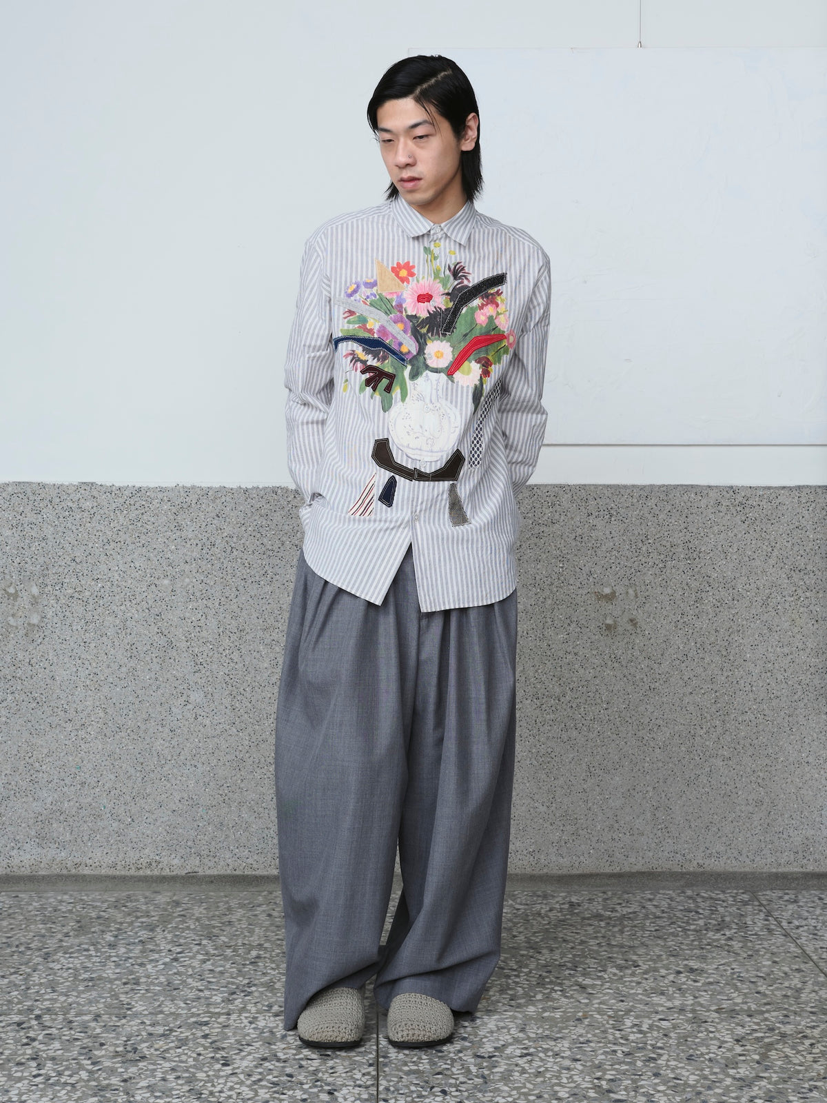 Gather-Detail Wool Gabardine Pants