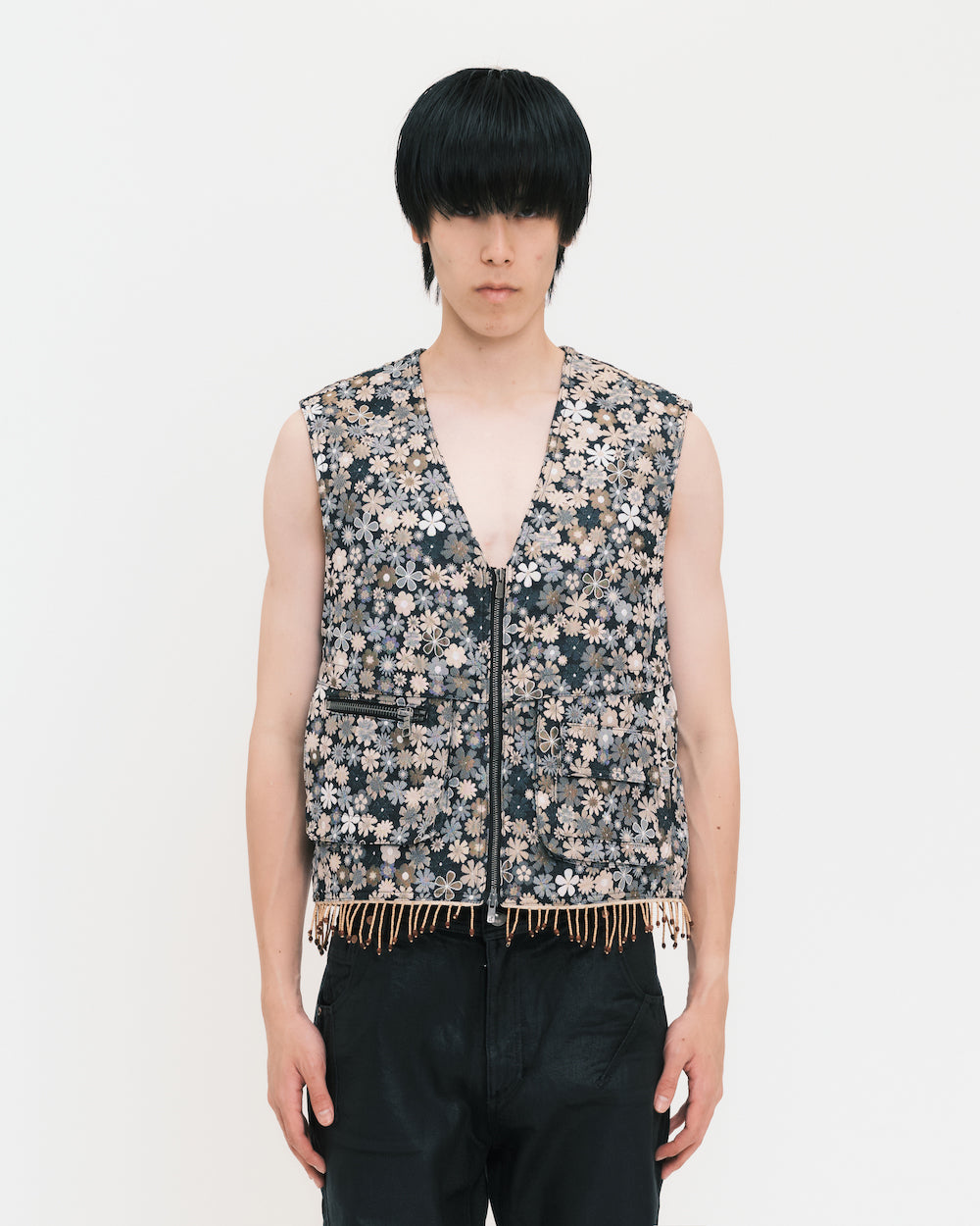 Flower V-Neck Zip-Up Vest