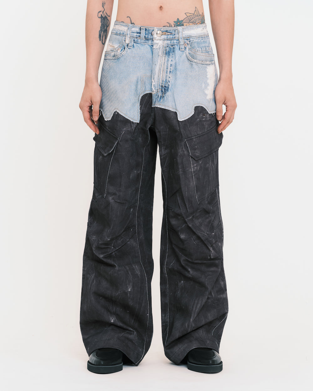 Faux-Denim & Scratch Leather Printed Cargo-Pants