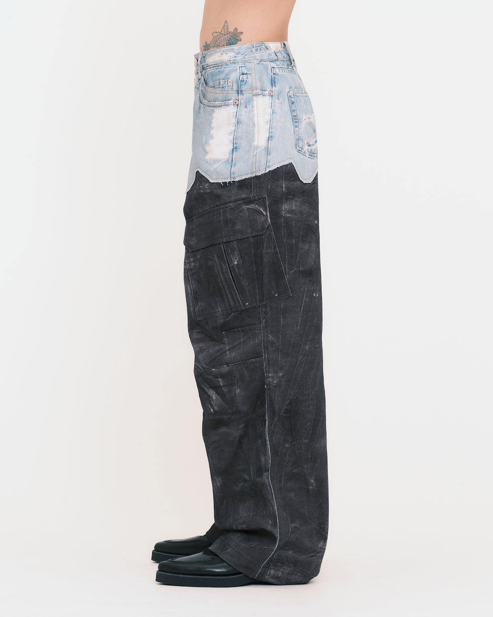 Faux-Denim & Scratch Leather Printed Cargo-Pants