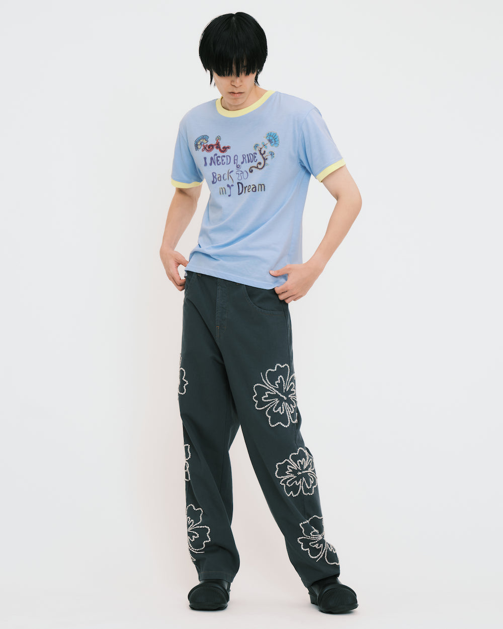 Embroidered Hibiscus Denim Pants